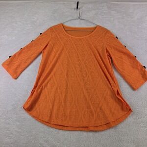 Onque Casual Orange Lace Knit Top 3/4 Button Sleeve Diamond Pattern Womens Small